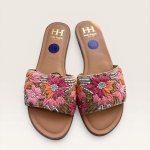 Haute Hippie Embroidered Pink Floral Slide Sandals